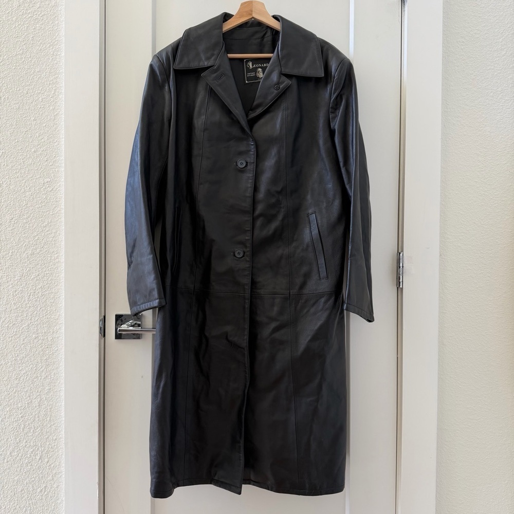 Vintage Leonardo Leather Jacket COAT Black Overcoat Midi Unisex Coat Size 50